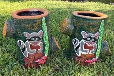 Handmade Ceramic Raccoon Tree Stump Planters
