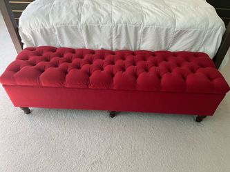Pottery Barn Red Tufted Storage Bench w/ Dark Brown Legs