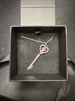 Created Pink and White Sapphire Key Pendant Necklace In Sterling Silver 18"