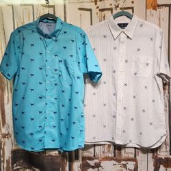 Two S/S Button-down Dog Print Pattern Men's Shirts  L