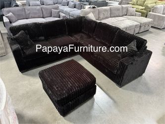 New! Black Corduroy Sectional Couch, Sectional And Ottoman, Plush Sectional, Think Corduroy Sectional And Ottoman, Sofa, Couch, Ottoman, Black Sofa
