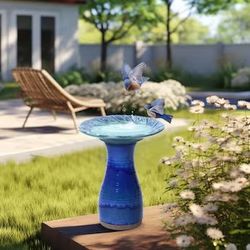 LuxenHome 19.9-in H Navy Blue Ceramic Complete birdbath
