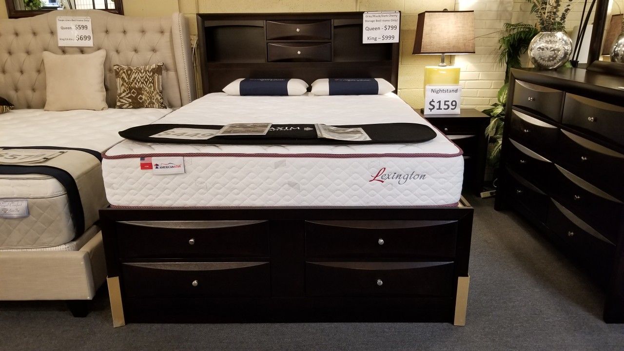 Brand new dark cherry queen captain bedframe + dresser + mirror + nightstand 4PCs set