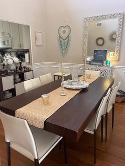 Modern Wood Dining Table + 6 Leather Chairs – Elegant Set