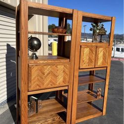 2 Piece Vintage Oak Wall Unit Bookshelves with Drop-down Desk