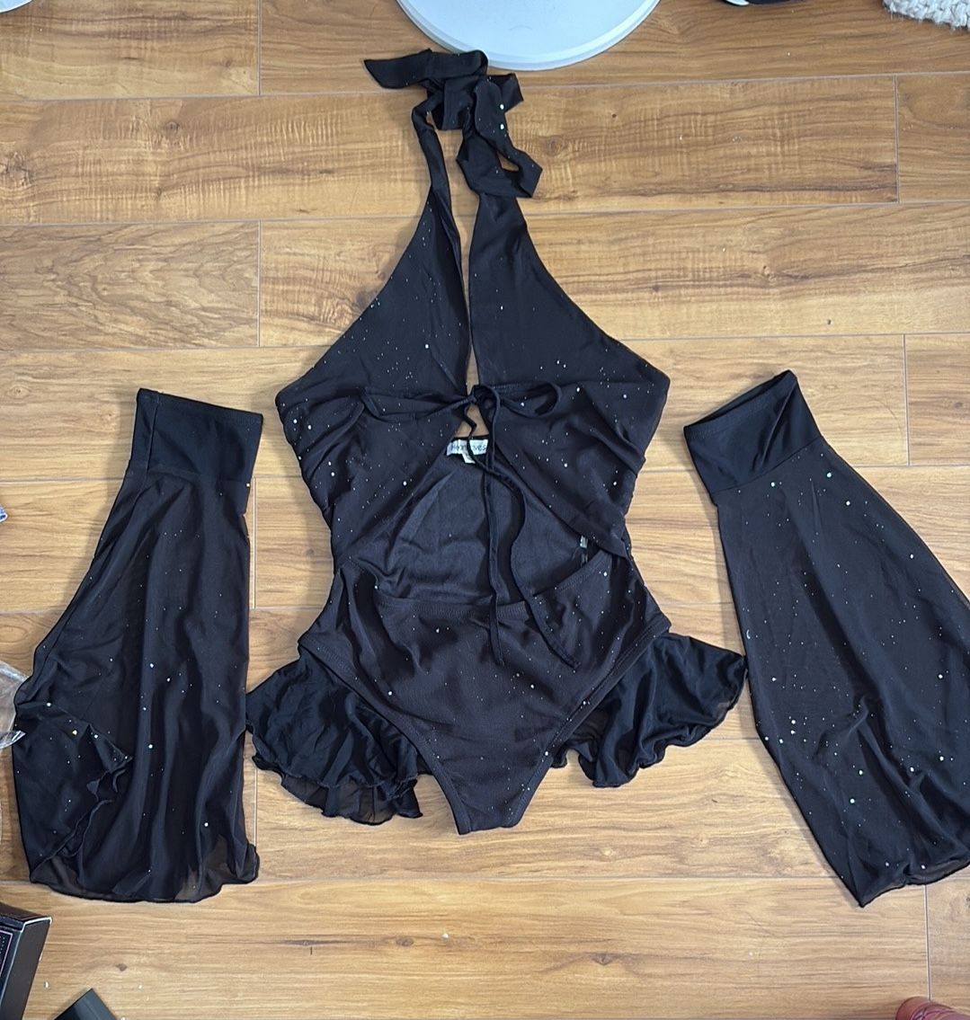 iHeartRaves Black Sparkle Halter Bodysuit