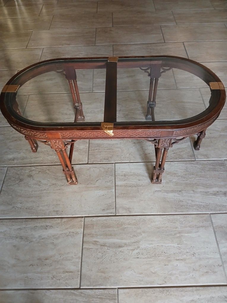 GLASS TOP WOODEN COFFEE TABLE