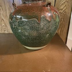 Vintage Pier 1 Large Red & Green Drip Glaze Pottery Vase w 4 Decorative Handles