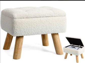 White Sherpa Storage Ottoman with Wood Legs