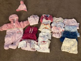 Girls 3/6M- 1 snowsuit, 1 hat, 2 sweaters, 2 dresses, 6 long sleeve, 3 shirt sleeve, 4 pants