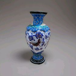 ANTIQUE BRASS ENAMELED VASE OF SHRINE BIRDS FLOWERS 5" TALL.
