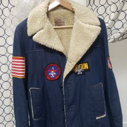 Vintage Sherpa Denim Jacket, Top Gun, American Flag, Size 38 Men