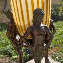 Beautiful BIG Candleholder Centerpiece.  Art Glass Hurricane Candle Shade & Athletic Male Figures. Looks Like Bronze Metal & Marble But A Replica. 