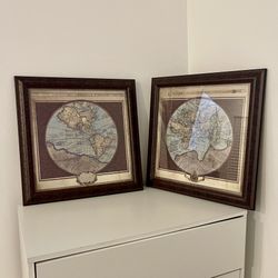 Vintage Style Framed World Map Set Classic Study / Office Decor