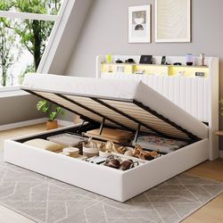Queen Size Lift Up Storage Bed Frame/LED Lights/Charging Station/2-Tier Shelves Headboard/USB,Type-C Ports/Velvet Upholstered/Hydraulic Support/No Box