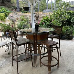 Used Wine Barrel Table With 2 Chairs & 2 Stools