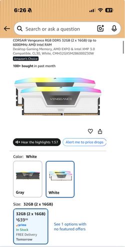 CORSAIR Vengeance RGB DDR5 32GB (2 x 16GB) Up to 6000MHz AMD Intel RAM
