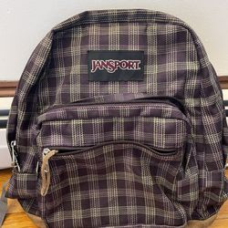 JANSPORT PURPLE & GREEN PLAID RIGHT PACK BACKPACK BROWN SUEDE BOTTOM 