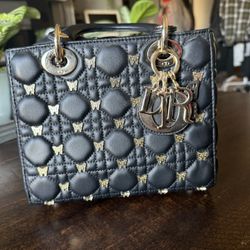 Small Lady Dior Bag Black Cannage Lambskin with Gold-Finish Butterfly Studs