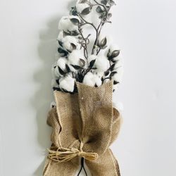 Bouquet Artificial Cotton balls Stems Bouquet With Burlap Bow 18” Long NEW!! NIB
