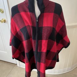 NWT Jones New York Red And Black Checked Poncho Size Small/Medium