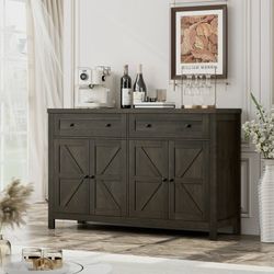 Farmhouse Cabinet with Adjustable Shelf, 4-Doors 2-Drawers Kitchen Buffet Cabinet Wood Sideboard for Dining Room Living Room, Dark Brown