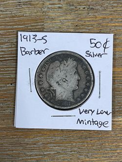 1913-S Barber Half Dollar Silver Coin Very Low Mintage