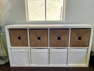 White IKEA Cube Storage Shelf with 8 Bins / Baskets