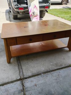 Beautiful Hardwood Heavy Duty Coffee Table With Dark Wood Inlay And A Big Drawer.