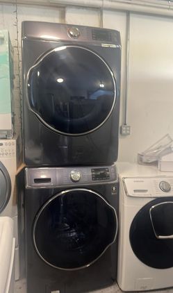 Samsung Front Load Washer & Dryer Set — Black Stainless, Steam, Stackable