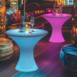 Set of 2 LED Bar Table, Round Cocktail Table with Multi-Colored Lights, Rechargeable