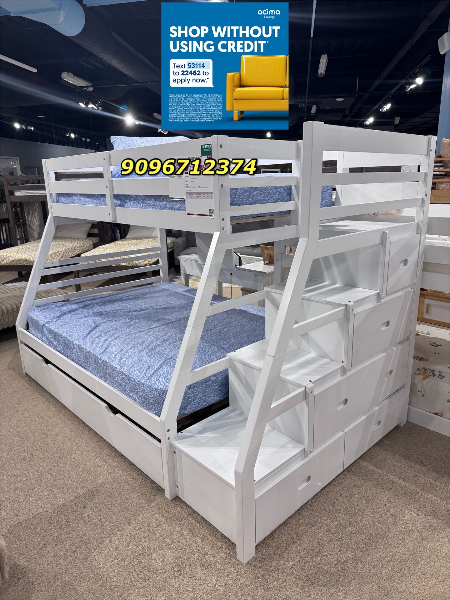 Twin/Full White Bunk bed w. Stairs & Ortho Mattresses Included
