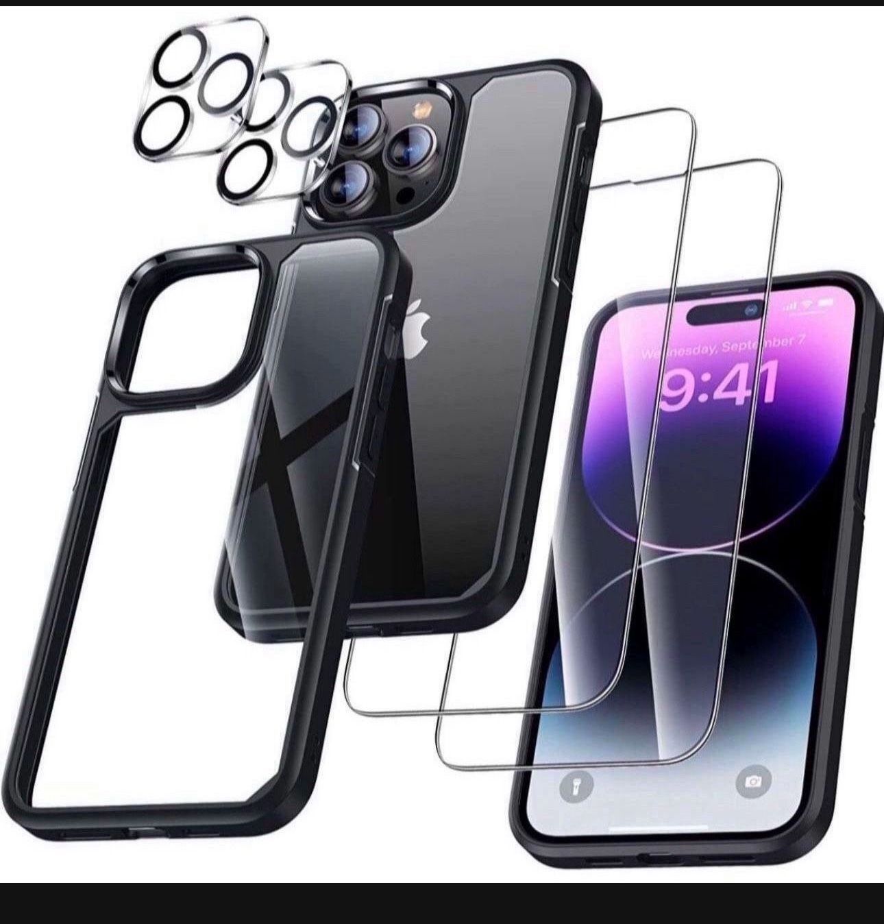 5 in 1 Design for iPhone 14 Pro Max 6.7 inch Case, 2 Pack Screen Protector Tempered Glass + 2 Pack Camera Lens Protector, [Non-Yellowing] Shockproof U