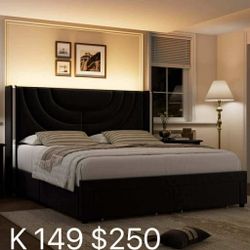 King Size LED Bed Frame with 2 Drawer Storage, Wingback Platform Bed with Velvet Upholstered Headboard, Black(149)