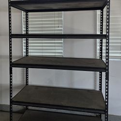 Metal frame shelf with wood shelves.
