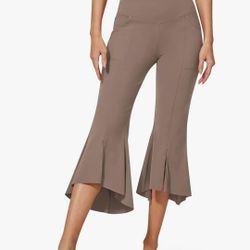 G4Free Capri Pants for Women Stretch Yoga Dress Pants with Pockets Ruffle Bell Bottom Athletic Work Leggings