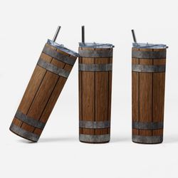 Rustic Wooden Barrel Design Stainless Steel Tumbler with Lid and Straw, 20 oz, Insulated Travel Cup