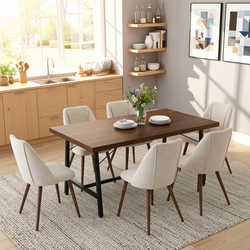Homy Casa FORS+KALI 7PC Dining Set 63" Table with 6 KALI Beige Fabric Chairs Walnut Metal Legs
