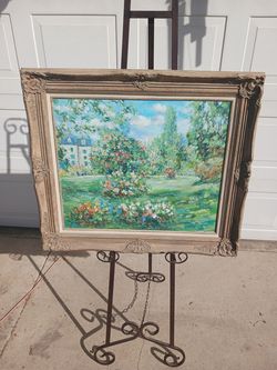 Vintage decorative framed European houses flower fields unsigned impressionist oil on canvas painting