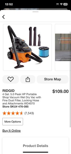 4 Gal. 5.0 Peak HP Portable Shop Vacuum Wet Dry Vac with Fine Dust Filter, Locking Hose and Attachments WD4070