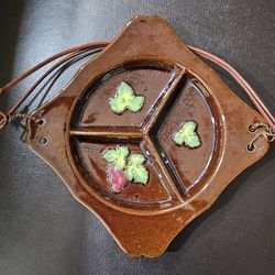 Brown Occupied Japan Porcelain Divided Relish Dish with Split Wood handle