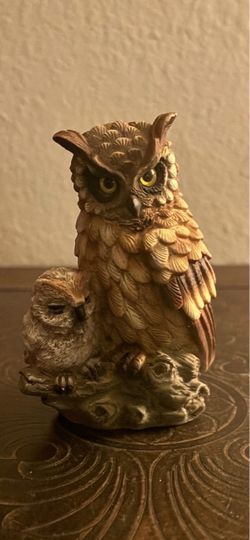 hand-painted resin or ceramic figurine depicting a mother owl and a small owlet