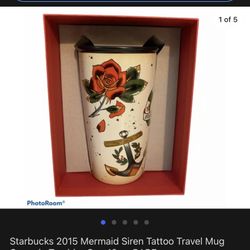 Starbucks 2015 Mermaid Siren Tattoo Travel Mug Ceramic Tumbler Cup 12 oz 