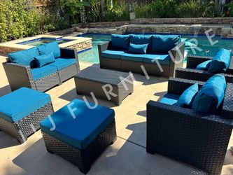 NEW🔥Outdoor Patio Furniture 7 Pc Black Wicker Peacock Blue Cushions storage table Cover ASSEMBLED