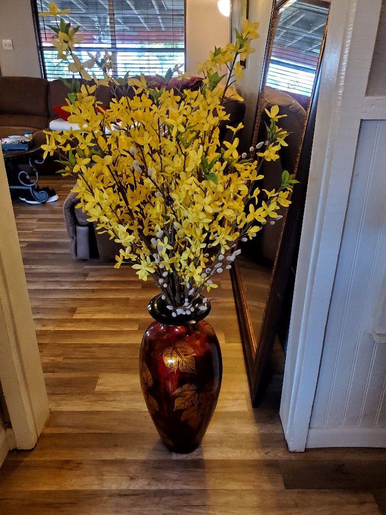 Floor Vase With Artificial Silk Forsythia Flower 