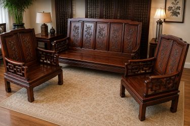 Rare Chinese Hardwood Living Room Set – Hand-Carved Bird & Flower Design