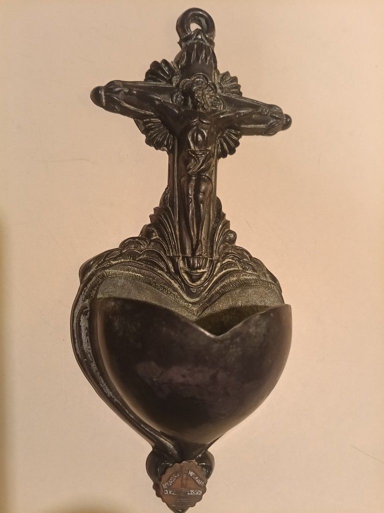 Mid Century Bronze Crucifix Water Font