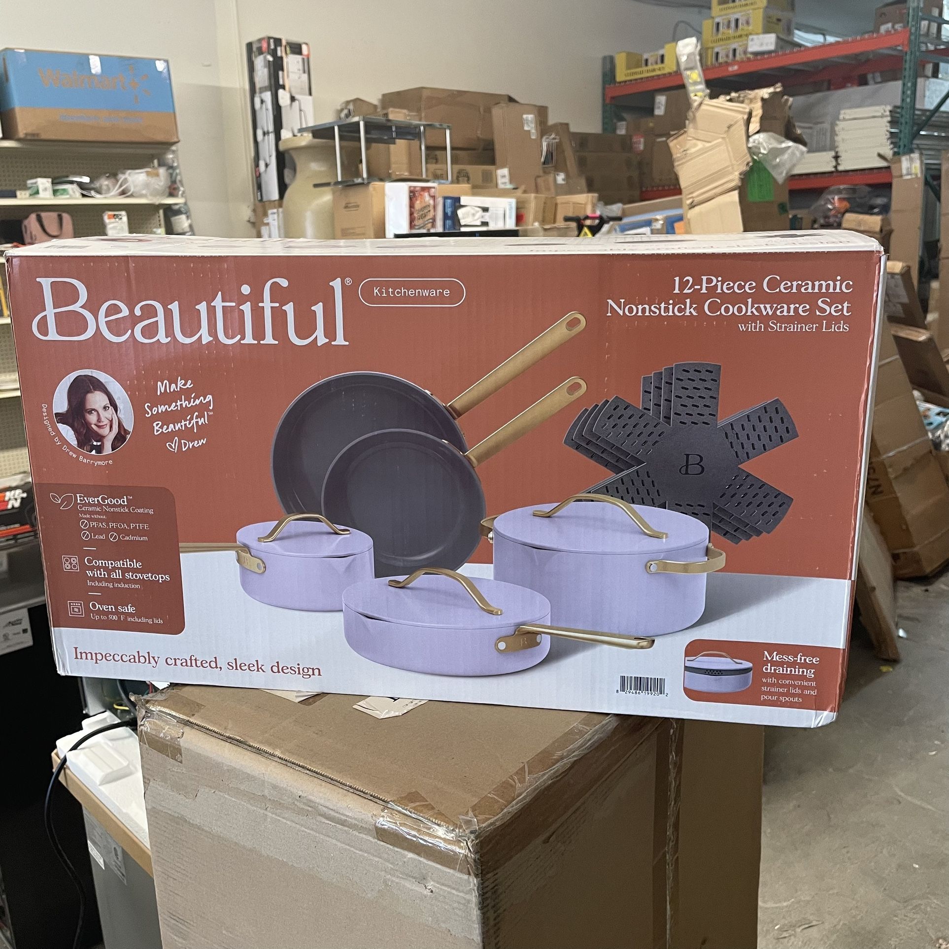 Beautiful 12pc Ceramic Non-Stick Cookware Set with Strainer Lids, Lavender by Drew Barrymore