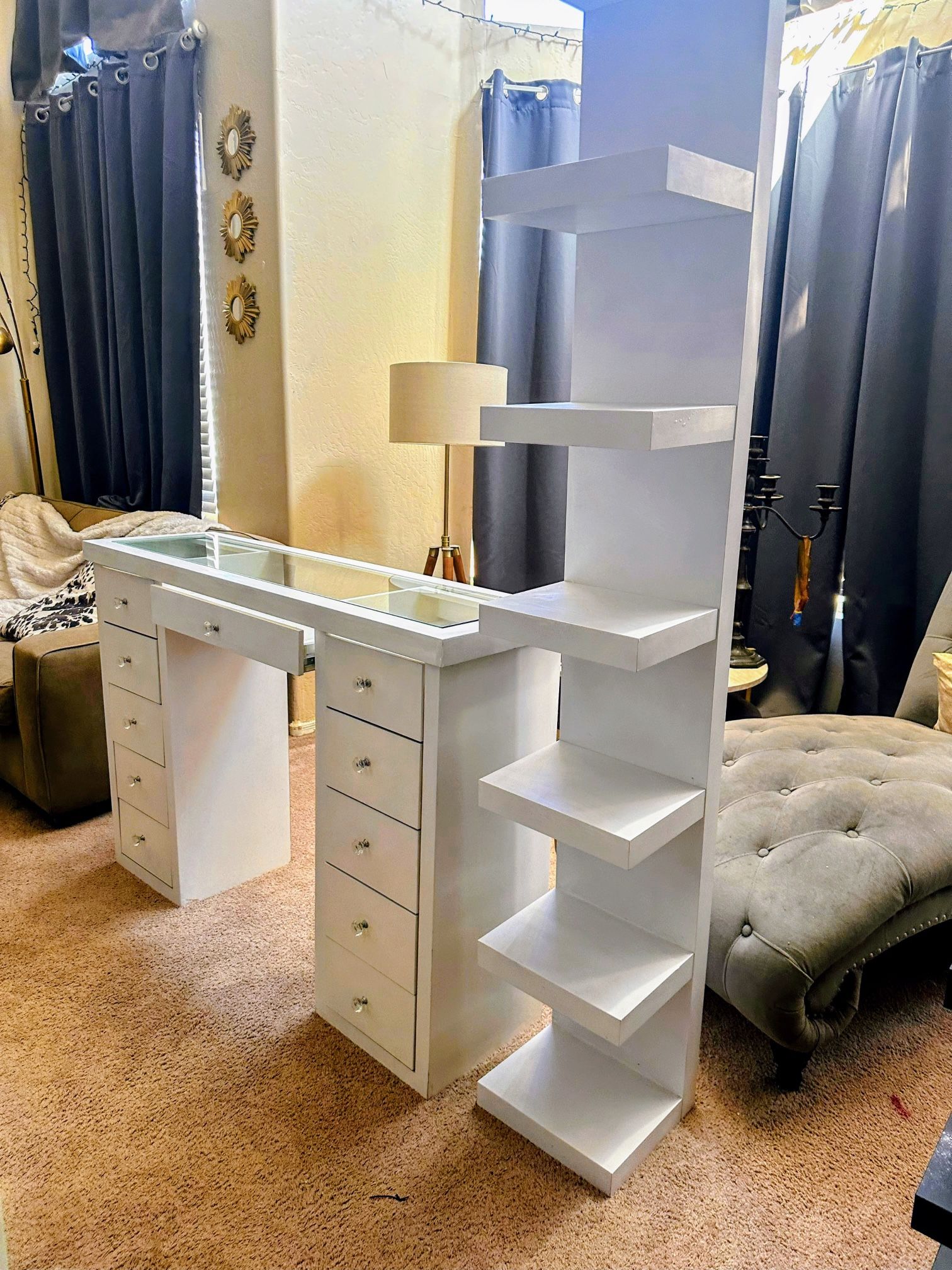 Stunning Glass top Vanity With 6ft Side shelves!