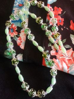 Fashion Jewelry / Soft green and silver with glass and crystal beads necklace / Silver Toggle clasp New Jewelry